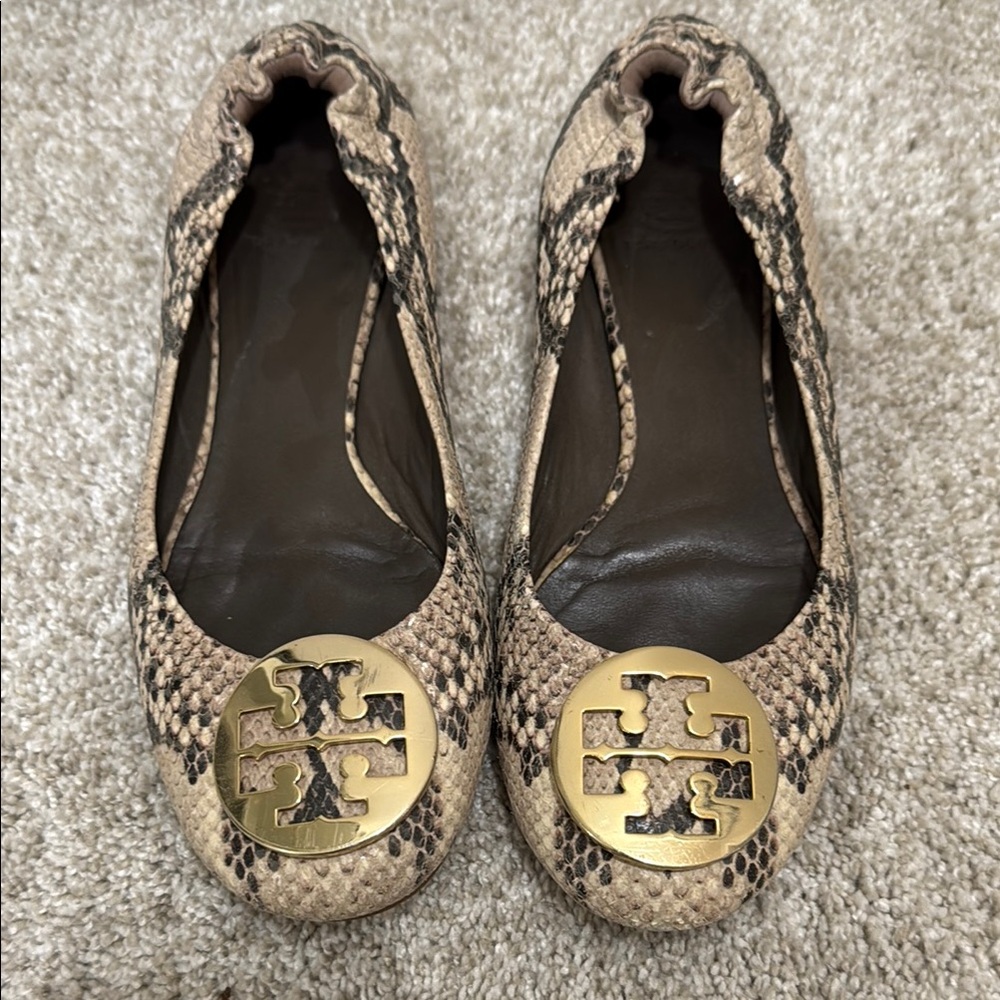 Tory Burch Tan and Black Flats with Snake Print